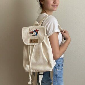 White Canvas Drawstring Backpack Embroidered Macaw Costa Rica Travel Vacation